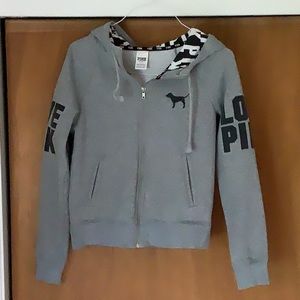 PINK Zipper Up Hooded Sweatshirt in Gray Size Small